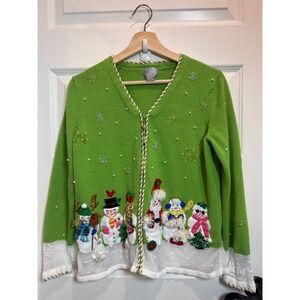 Berek Womens Green Snowman Embellished Zip Up Holiday Christmas Sweater Medium